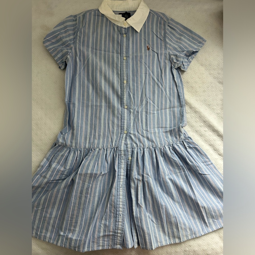 teen girl ralph lauren button up dress, with blue pink and white stripes